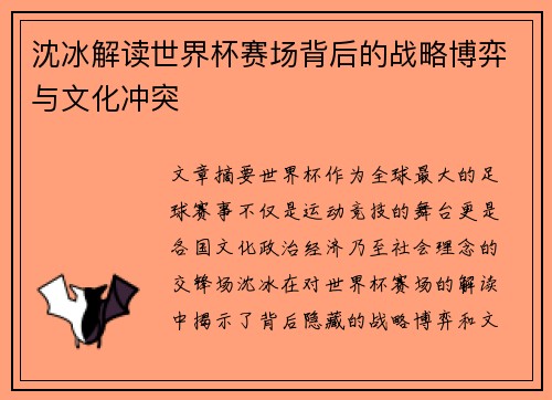 沈冰解读世界杯赛场背后的战略博弈与文化冲突